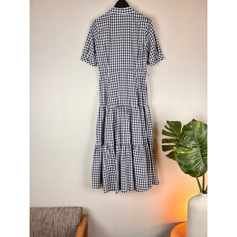 Calvin Klein Shirt Dress Midi Navy Gingham Tiered Short Sleeve Size 6 Picnic - Picture 2 of 12